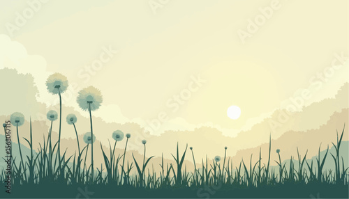 Dandelion Meadow with Rising Sun in Hazy Sky Graphic Illustration