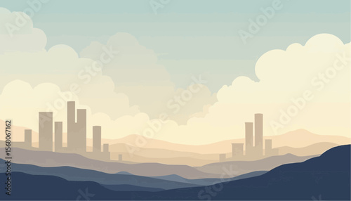 Cityscape Hills and Clouds in Blue and Beige Minimalist Landscape
