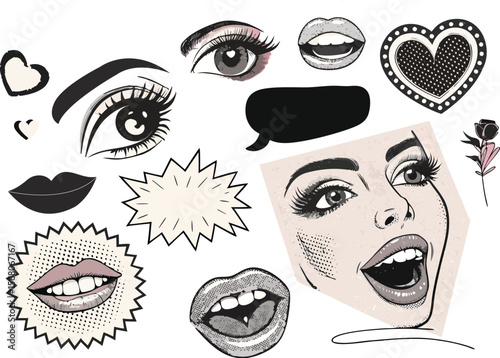 black and white halftone style pop art elements with expressive eyes, lips, hearts, speech bubble, and comic retro illustration set for stickers and designs