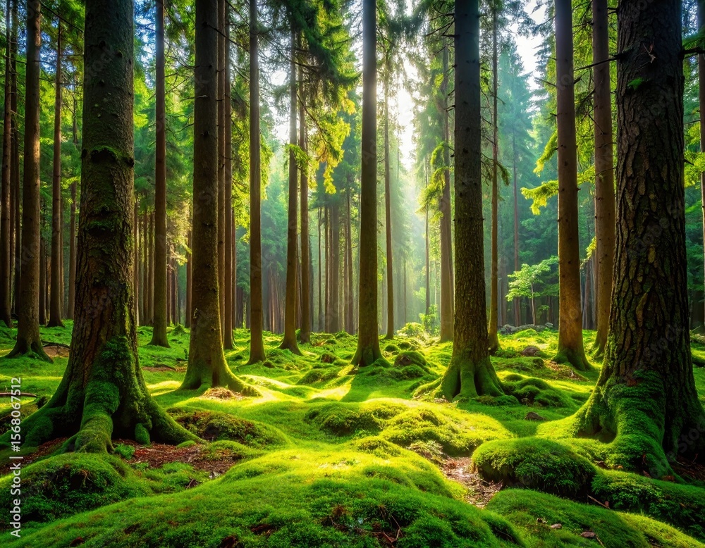 Obraz premium Lush forest bathed in sunlight