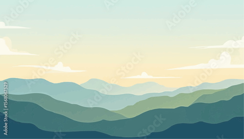 Serene Mountain Range Illustration with Soft Blue and Green Tones