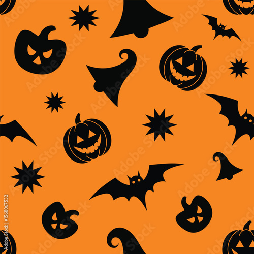 Seamless halloween pattern with black pumpkins bats and witch hats on orange background