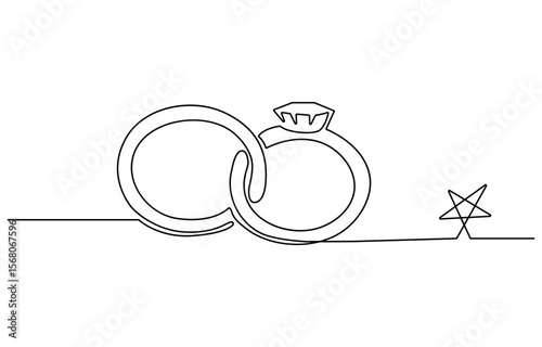 Engagement ring continuous line drawing illustration. One line art of love, Black isolated on white background. Hand drawn vector illustration, Wedding ring line art style vector