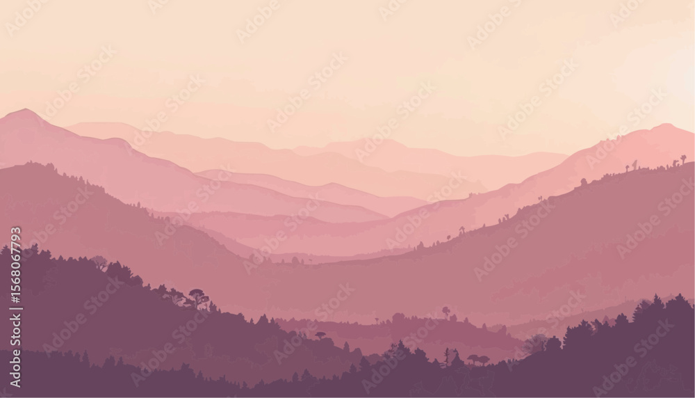 Fototapeta premium Pink Purple Mountain Landscape with Layered Hills and Forests at Dusk