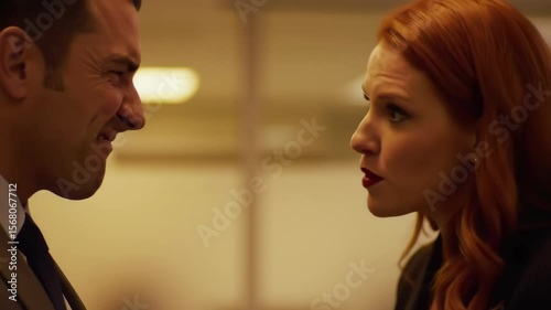 A tense confrontation unfolds as a woman angrily yells at a distressed man in a professional setting.