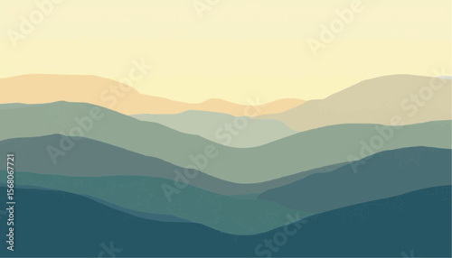 Abstract Teal Mountain Range with Soft Yellow Sky Landscape Illustration