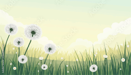 Dandelion Meadow Vector with Green Grass and White Clouds