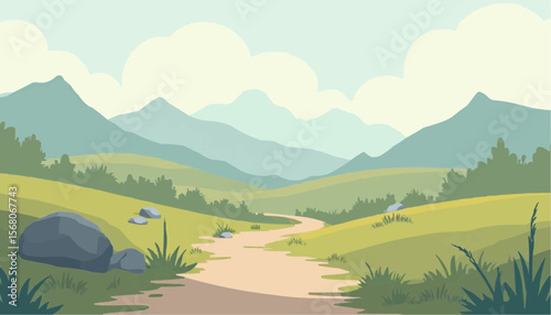 Scenic Mountain Landscape with Rolling Green Hills and Pathway in Calm Natural Setting