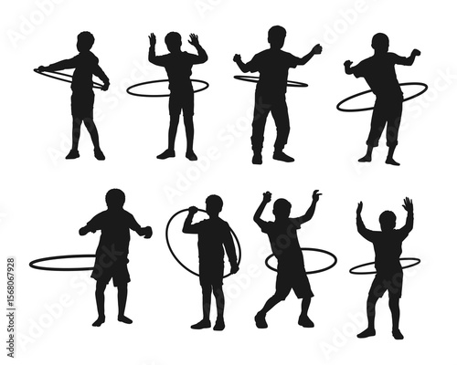 illustration silhouette of kid play hula hoop collection set