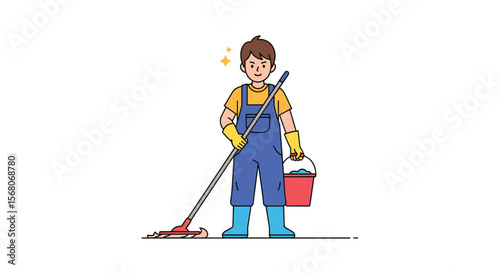 Professional Cleaner Smiling Holding a Mop and Bucket Ready for a Day's Work