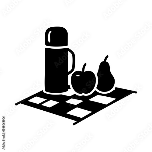 Autumn picnic icon with thermos flask, apple, pear on checkered blanket