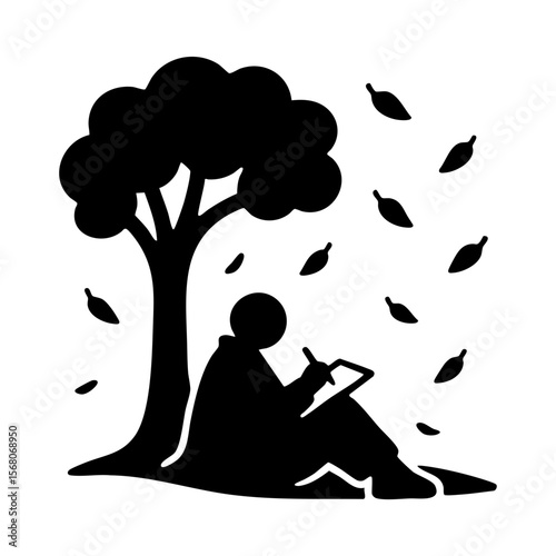 Silhouette of person writing under autumn tree with falling leaves representing peaceful cozy moment