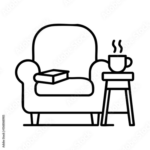 Cozy armchair with book and steaming mug icon for relaxing autumn home reading time