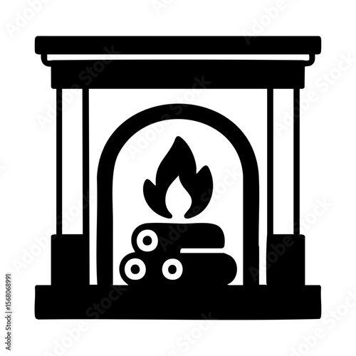 Classic fireplace icon with logs and flame representing cozy autumn home warmth and comfort