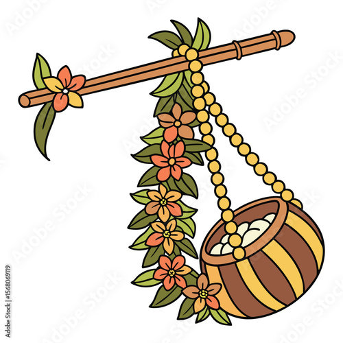 Vector of Hanging Dahi Handi with Leaves and Flowers for Janmashtami Theme