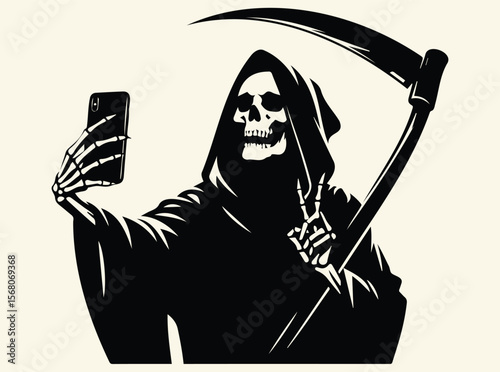 Grim Reaper Taking Selfie with Scythe and Peace Sign in Humorous Modern Twist on Death Symbol in Black and White Character Illustration