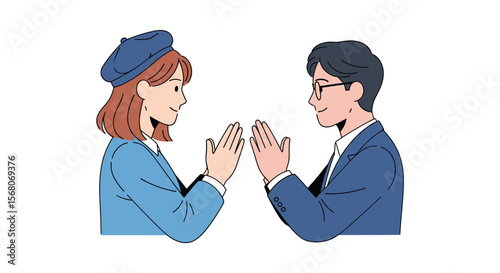 Two people facing each other with hands clasped high five gesture celebration success partnership togetherness