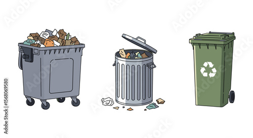 Various Trash Cans and Dumpster Overflowing with Garbage and Waste Materials