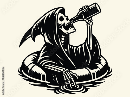 Grim Reaper Floating in Inflatable Ring Drinking from Bottle in Humorous Summer Vacation Scene with Dark Gothic Character Twist