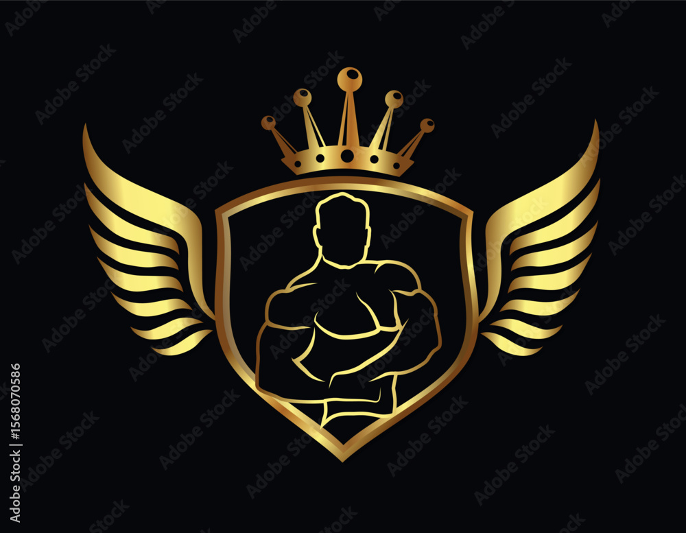 Obraz premium Golden Bodybuilder Shield Logo with Crown and Wings Vector