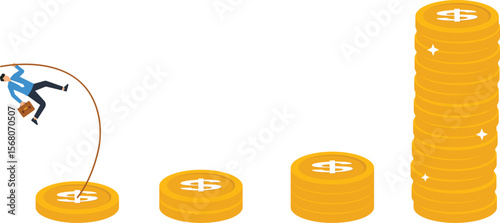 Financial Growth Illustration Businessman Pole Vaulting Over Coins Concept for Investment Success and Business Development,financial growth, investment, business, success,