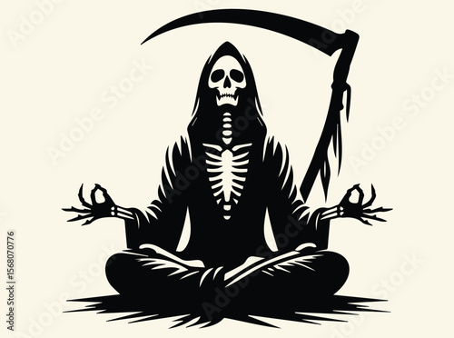 Grim Reaper Meditating with Scythe in Peaceful Pose in Dark Gothic Illustration Blending Death and Mindfulness in Surreal Concept Art