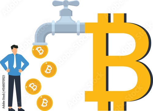 Bitcoin Cryptocurrency Concept Illustration: Digital Currency Tap with Coins Flowing, Crypto Investor, Financial Technology, Blockchain, Bitcoin Mining, Investment