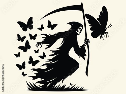 Grim Reaper Silhouette with Scythe Surrounded by Butterflies in Grass in Symbolic Contrast of Death and Life in Poetic Gothic Illustration