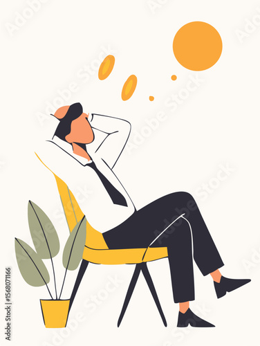 Man relaxing armchair. Young man relaxing in armchair, sitting. Vector illustration. 