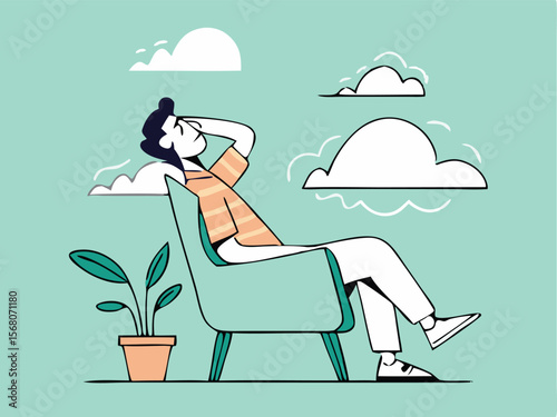 Depressed young man Sitting on a chair vector design. Depression man holding his head because of confused. Work pressure at the office concept one line draw design vector.