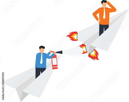 Business Crisis Management Illustration Businessman Extinguishes Paper Airplane Fire Concept Risk Mitigation Problem Solving Strategy,crisis management, business, risk, problem solving,
