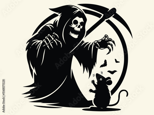 Grim Reaper Reaching Toward Mouse with Scythe and Bats in Poetic Silhouette Illustration Symbolizing Death and Innocence in Gothic Contrast