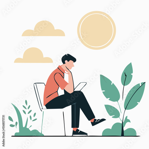 Depressed young man Sitting on a chair vector design. Depression man holding his head because of confused. Work pressure at the office concept one line draw design vector.