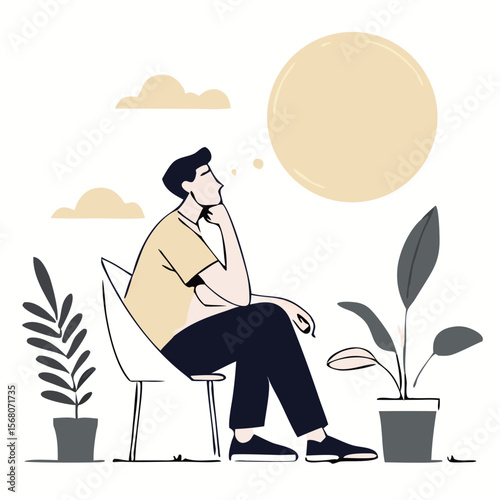 Depressed young man Sitting on a chair vector design. Depression man holding his head because of confused. Work pressure at the office concept one line draw design vector.