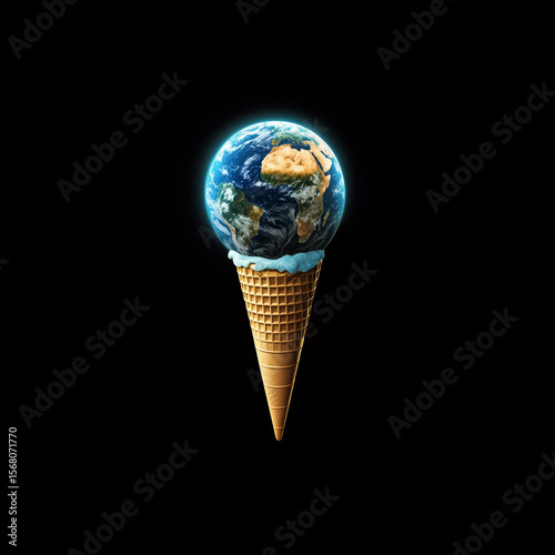 Realistic Earth in ice cream cone on black background