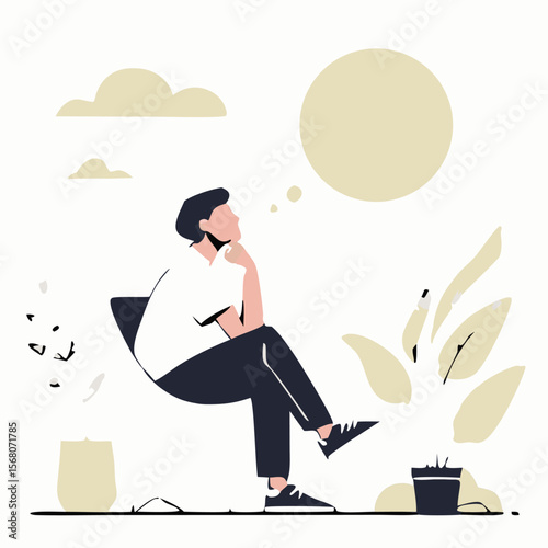 Depressed young man Sitting on a chair vector design. Depression man holding his head because of confused. Work pressure at the office concept one line draw design vector.