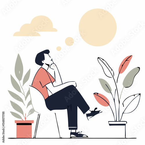 Depressed young man Sitting on a chair vector design. Depression man holding his head because of confused. Work pressure at the office concept one line draw design vector.