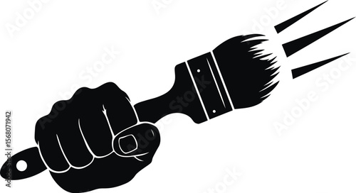 Fist holding a paintbrush with trident prongs silhouette isolated on transparent background