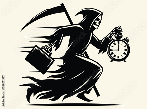Grim Reaper Holding Alarm Clock and Briefcase with Scythe in Motion Symbolizing Time, Death, and Urgency in Surreal Gothic Illustration