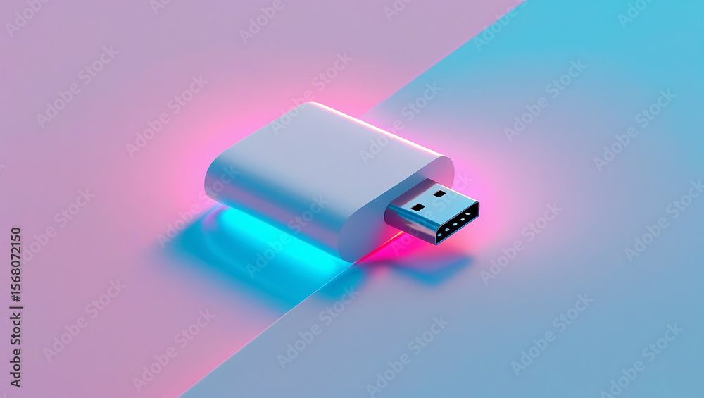 Fototapeta premium Modern white usb flash drive with blue and pink neon lighting