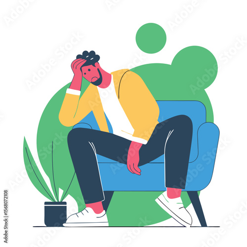 Depressed young man Sitting on a chair vector design. Depression man holding his head because of confused. Work pressure at the office concept one line draw design vector.