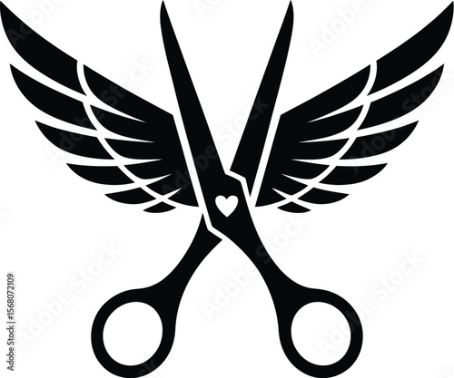 Black silhouette of scissors with wings and a heart isolated on transparent background silhouette