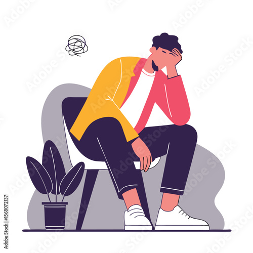 Depressed young man Sitting on a chair vector design. Depression man holding his head because of confused. Work pressure at the office concept one line draw design vector.