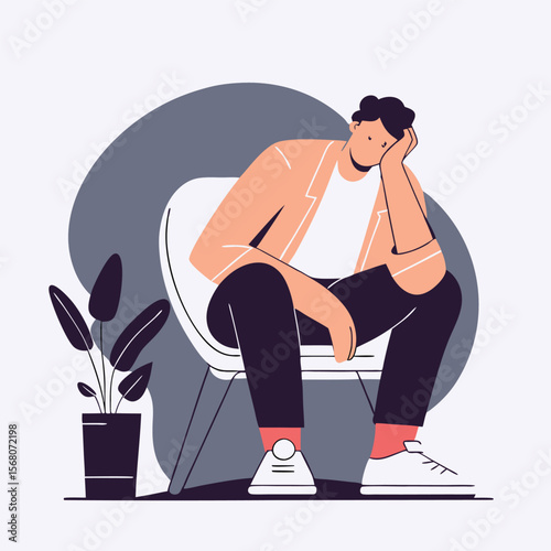Depressed young man Sitting on a chair vector design. Depression man holding his head because of confused. Work pressure at the office concept one line draw design vector.