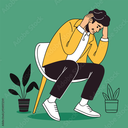 Depressed young man Sitting on a chair vector design. Depression man holding his head because of confused. Work pressure at the office concept one line draw design vector.