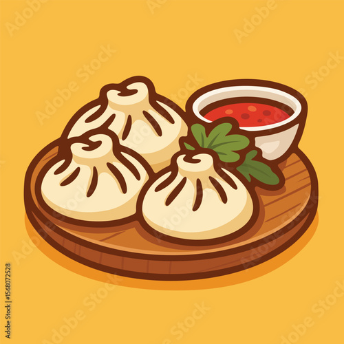 Traditional dumplings (manti) served with red sauce and herbs on a wooden plate. Illustrated in a fun, vibrant cartoon style for children or food branding.

