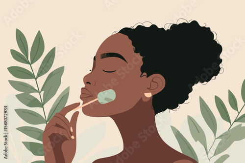 African woman using jade roller on cheeks and chin, gentle facial massage, elegant self-care style vector illustration
