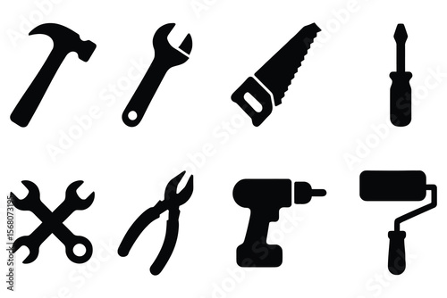 Black tool icons hammer wrench saw screwdriver pliers drill paint roller