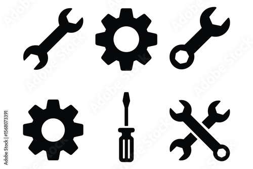 Black tools and gears icons wrench spanner