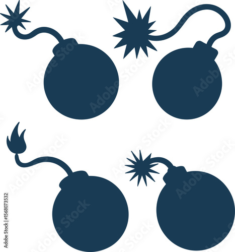 Four stylized bomb silhouettes vector illustration
